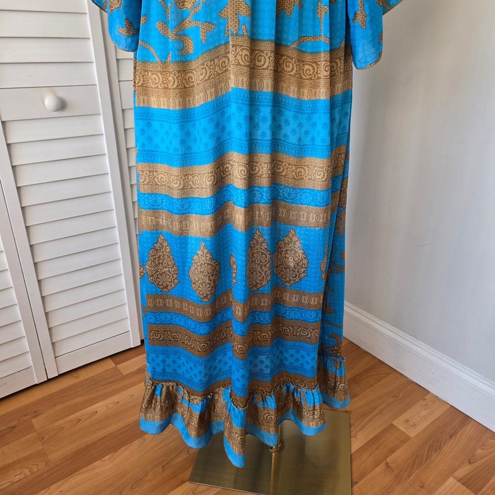 Luz Blue Tan Silk Boho Maxi Kaftan Dress OS Deep V-neck Indie Resort Luxe Hippie - Picture 7 of 9